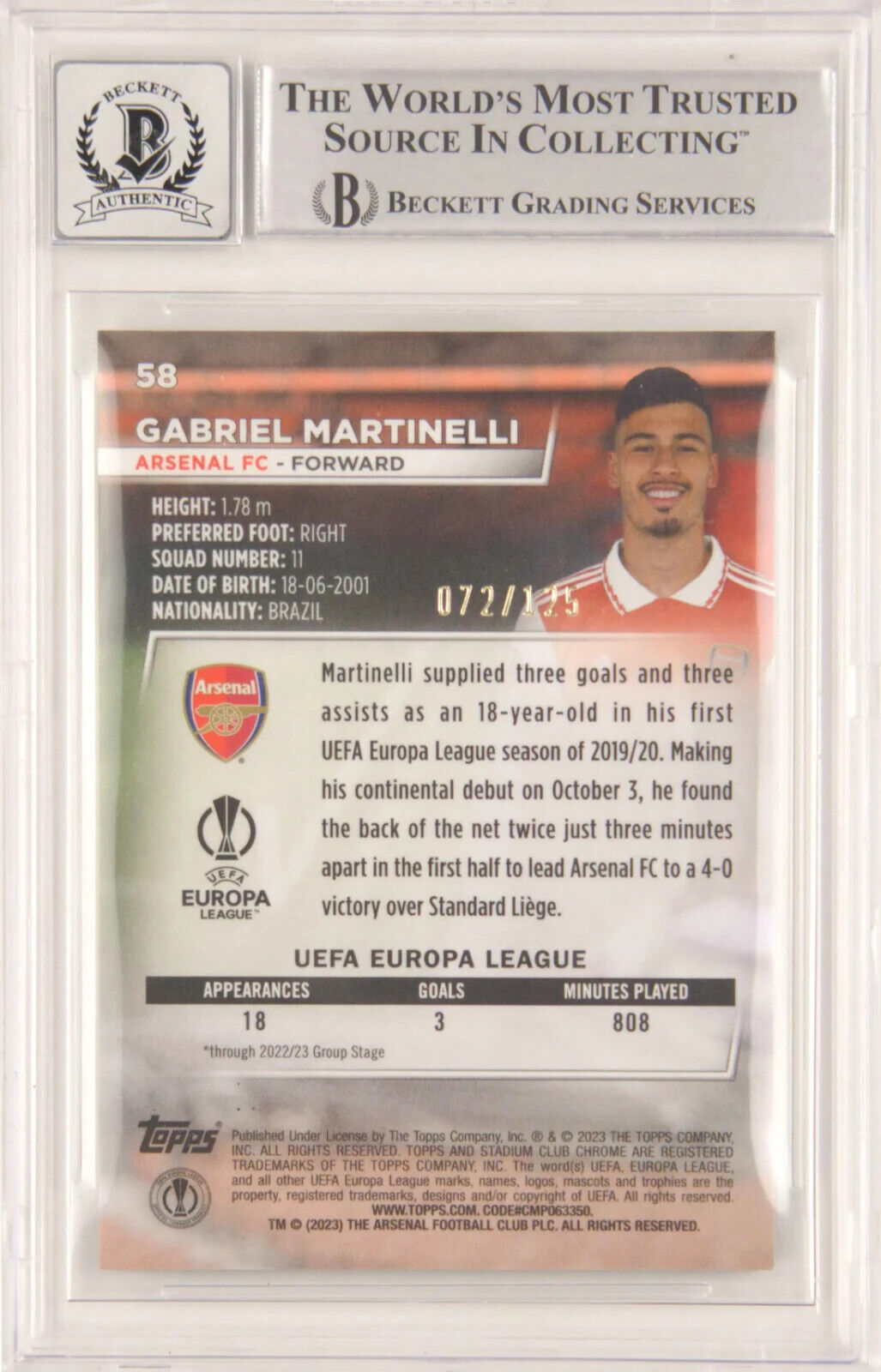 Gabriel Martinelli Signed 2022 Topps Stadium Club Chrome /125 – BGS 9 Autograph